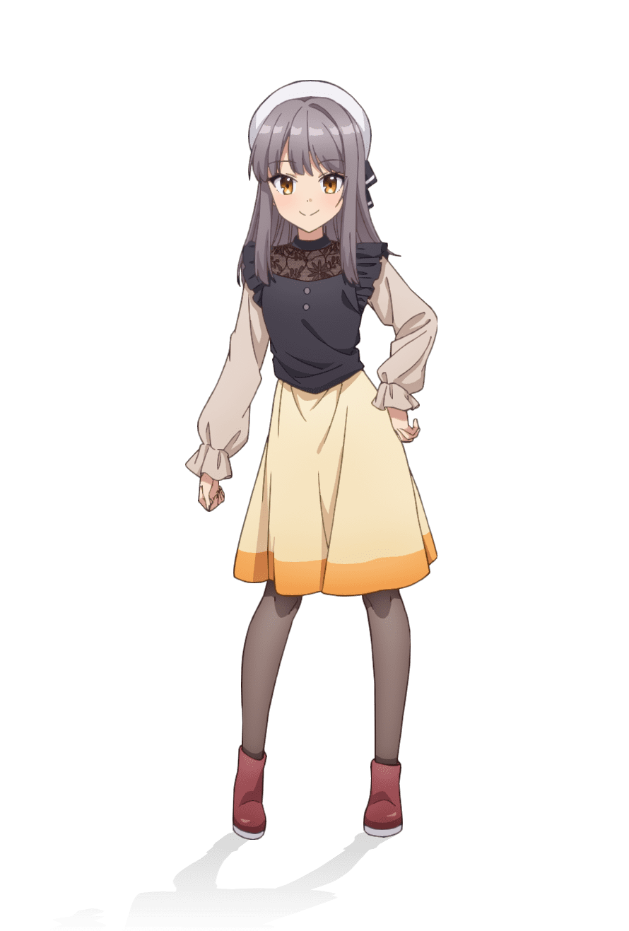 taniguchi motohiro, kujo yuzuha, cue!, highres, official art, 1girl, anime coloring, black ribbon, blush, boots, breasts, brown boots, brown hair, clenched hand, closed mouth, full body, grey hair, grey pantyhose, hand on own hip, hat, hat ribbon, long hair, long sleeves, looking at viewer, pantyhose, ribbon, shirt, sidelocks, simple background, skirt, small breasts, smile, solo, standing, tachi-e, transparent background, tsurime, white hat, white shirt, yellow skirt