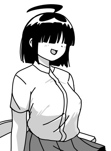 nyaromeron, sacchan (nyaromeron), original, commentary request, lowres, 1girl, ahoge, breasts, greyscale, huge ahoge, large breasts, monochrome, no eyes, school uniform, tegaki