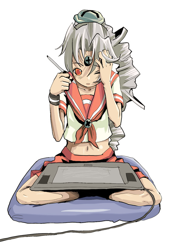 vista-tan, vistake, os-tan, wacom, silver hair, drawing tablet, drill hair, long hair, orange eyes, school uniform, serafuku