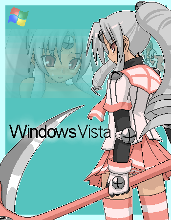 vista-tan, vistake, os-tan, lowres, 1girl, cowboy shot, female focus, holding, holding weapon, long hair, pink skirt, pink thighhighs, pleated skirt, polearm, ponytail, red eyes, scythe, sidelocks, skirt, solo, standing, thighhighs, very long hair, weapon, window, zettai ryouiki