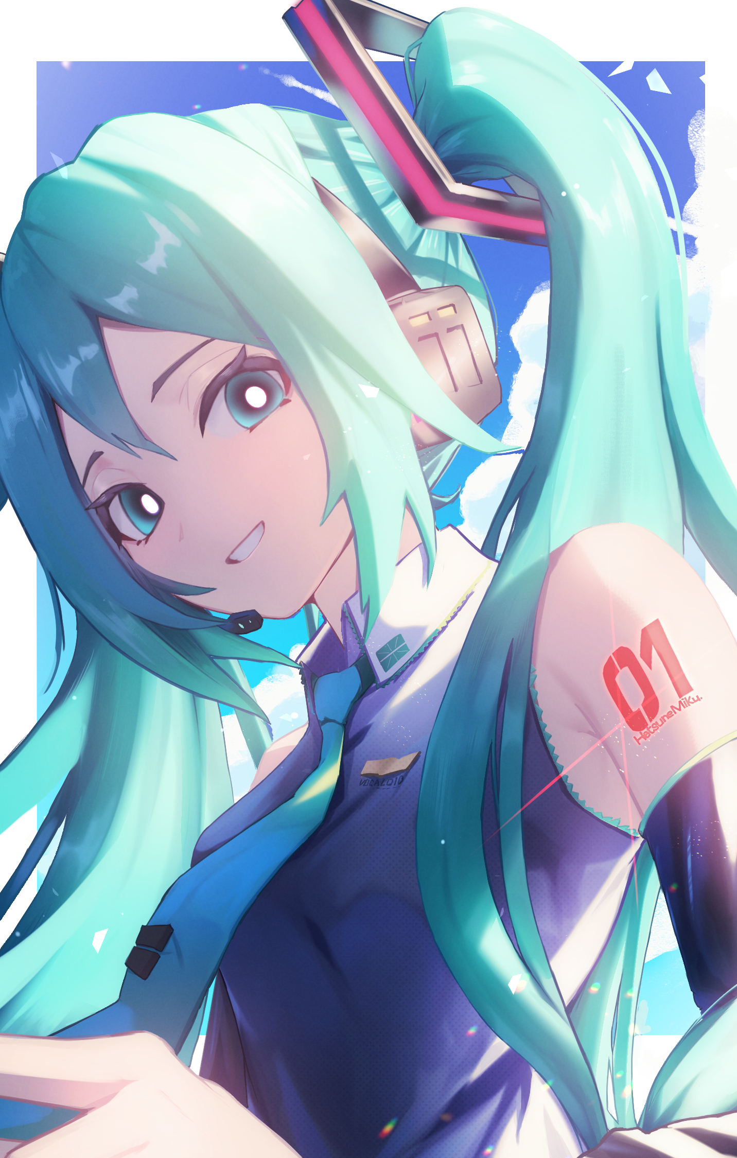 kanabun (jhft8347), hatsune miku, vocaloid, highres, 1girl, aqua eyes, aqua hair, aqua necktie, arm tattoo, armpit crease, character name, collared shirt, detached sleeves, grey shirt, headset, long hair, long sleeves, looking at viewer, necktie, number tattoo, open mouth, shirt, simple background, sleeveless, sleeveless shirt, smile, solo, tattoo, twintails, very long hair, white background