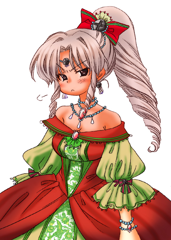 sumachi, vista-tan, vistake, os-tan, silver hair, 1girl, blush, bow, bracelet, brooch, brown eyes, collarbone, dress, female focus, gem, hair bow, jewelry, looking at viewer, pearl bracelet, ponytail, red bow, red dress, ringlets, simple background, solo, standing, white background