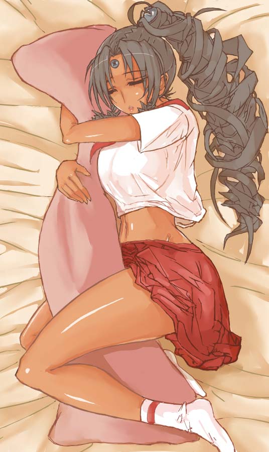 vista-tan, vistake, os-tan, silver hair, artist request, bed, body pillow, breasts, brown hair, dark-skinned female, dark skin, drill hair, hug, huge breasts, long hair, lying, pillow, skirt, socks, solo, thighs