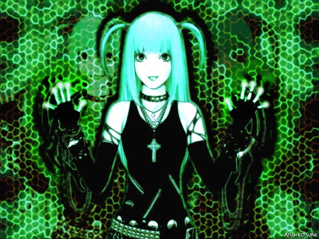 obata takeshi, amane misa, death note, official art, + +, 00s, 1girl, bare shoulders, belt, black dress, black gloves, blue eyes, blunt bangs, bracelet, choker, cross, dress, elbow gloves, female focus, fingerless gloves, gloves, goth fashion, green eyes, green theme, jewelry, looking at viewer, necklace, rosary, skull, smile, solo, two side up, upper body, zipper