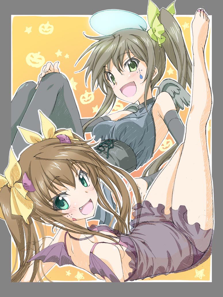 horii kumi, huang lingyin, infinite stratos, 2girls, barefoot, border, green eyes, multiple girls, teardrop, twintails, wings