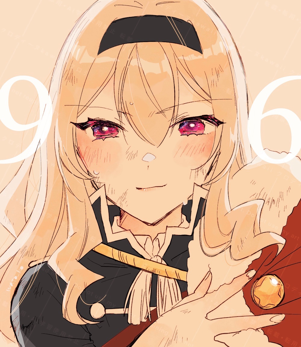 wato (ko), saijou claudine, shoujo kageki revue starlight, commentary request, 1girl, black hairband, black jacket, blonde hair, blush, brown background, closed mouth, date pun, fingernails, fur-trimmed jacket, fur trim, hair between eyes, hairband, hand up, high collar, jacket, jacket on shoulders, light smile, long hair, looking at viewer, number pun, pink eyes, portrait, red jacket, red sash, sash, shoulder sash, sidelocks, simple background, solo, sweat, tassel, watermark