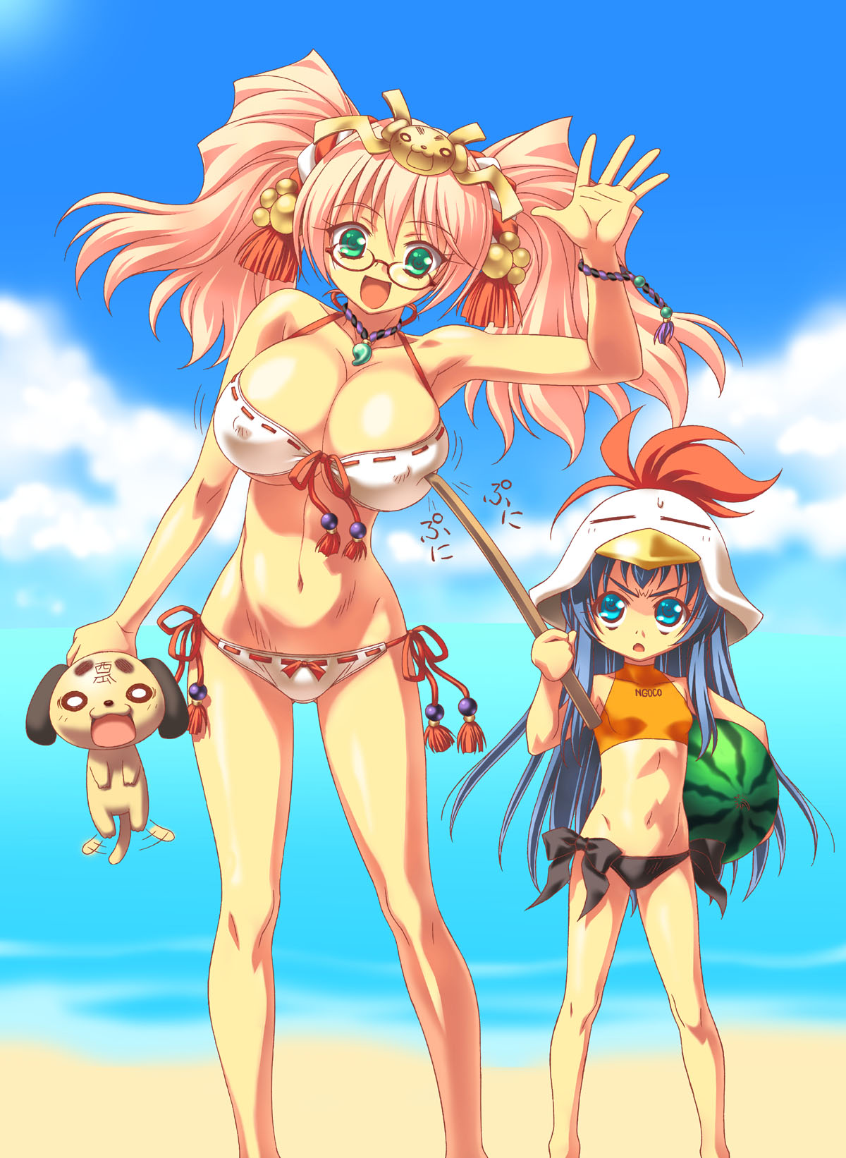 ngo (ngo dandelion), original, highres, 2girls, baby animal, beach, bikini, blue eyes, blue hair, bracelet, breasts, day, dog, food, fruit, glasses, green eyes, hat, holding, holding food, holding fruit, holding watermelon, huge breasts, jewelry, long hair, long legs, multiple girls, open mouth, outdoors, pink hair, poking, poking another's breast, puppy, side-tie bikini bottom, suikawari, swimsuit, twintails, watermelon, waving