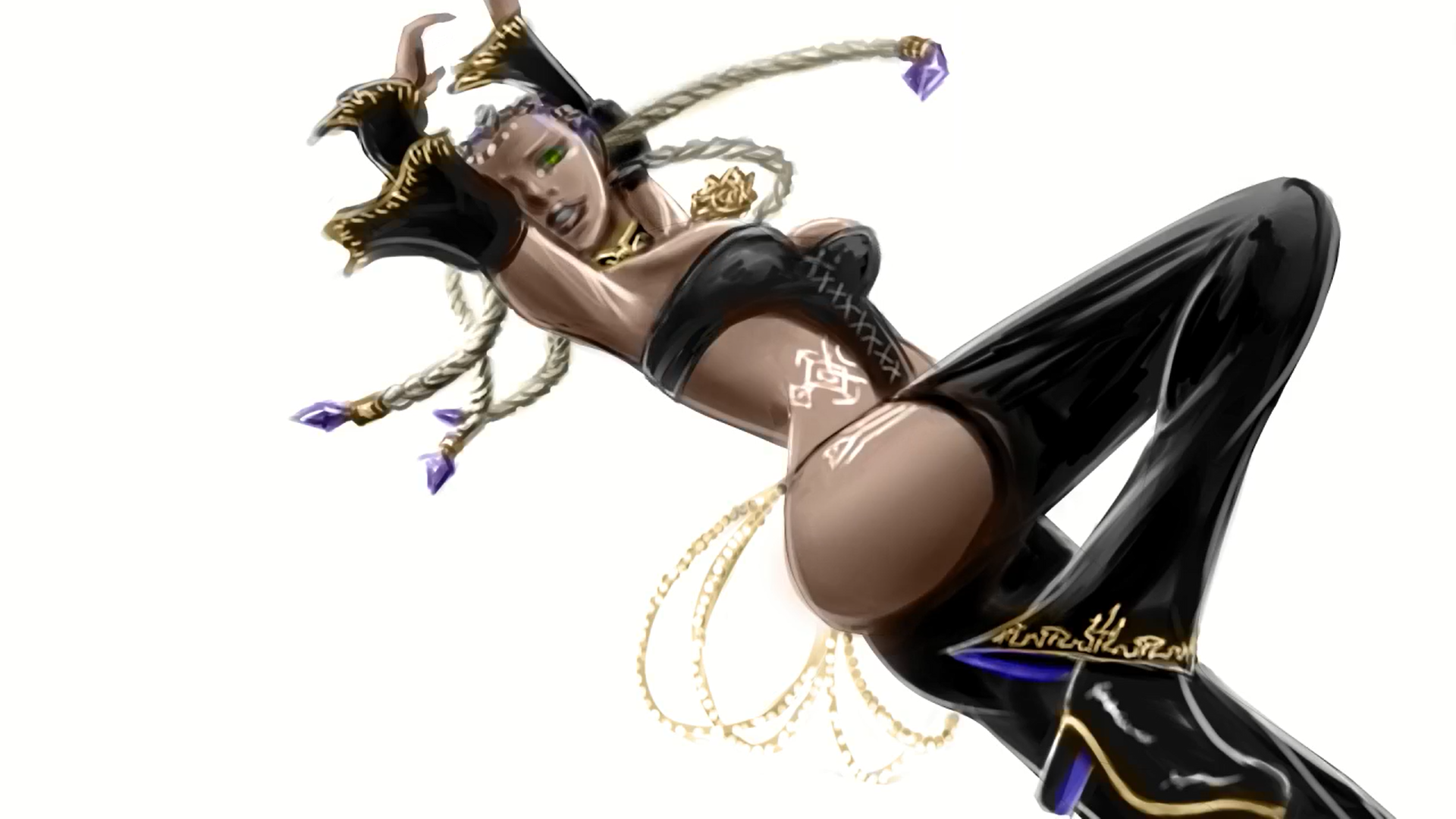 abkc94, dolores (kof), the king of fighters, 1girl, ass, bodypaint, braid, braided ponytail, breasts, curvy, dark-skinned female, dark skin, dress, female focus, gold, green eyes, hands up, heel up, jewelry, large breasts, leg up, long hair, long sleeves, looking at viewer, multicolored hair, thick lips, thick thighs, thighs, two-tone hair, white hair
