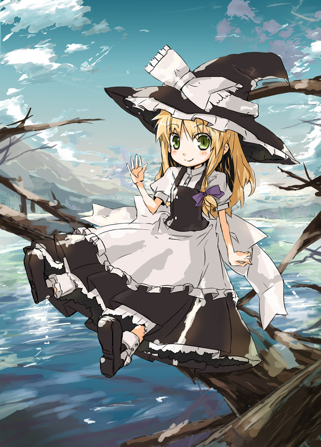 yamane masato, kirisame marisa, perfect cherry blossom, touhou, 1girl, apron, blonde hair, blush, bow, day, dress, female focus, green eyes, hair bow, hat, in tree, nature, outdoors, petticoat, plant, salute, sitting, sitting in tree, sky, snow, solo, tree, witch, witch hat
