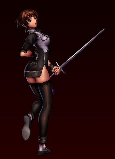 micchii (mitchiee), mitchiee, chai xianghua, namco, soul calibur, soulcalibur, soulcalibur ii, 1girl, alternate costume, black thighhighs, brown eyes, brown hair, dark, earrings, female focus, from behind, jewelry, jian (weapon), looking at viewer, looking back, miniskirt, short hair, skirt, solo, standing, sword, tassel, thighhighs, weapon, zettai ryouiki