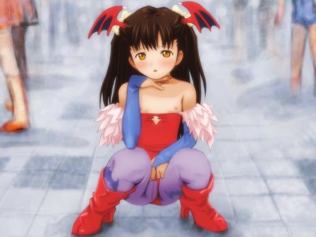 kobayashi yuji, lilith (darkstalkers), capcom, darkstalkers, print legwear, 1girl, bare shoulders, blush, boots, bridal gauntlets, brown eyes, brown hair, clothing aside, cosplay, crowd, demon girl, flat chest, high heel boots, high heels, knee boots, leotard, leotard aside, lilith (darkstalkers) (cosplay), loli, long hair, looking at viewer, nipples, pantyhose, public indecency, purple pantyhose, red leotard, solo focus, squatting