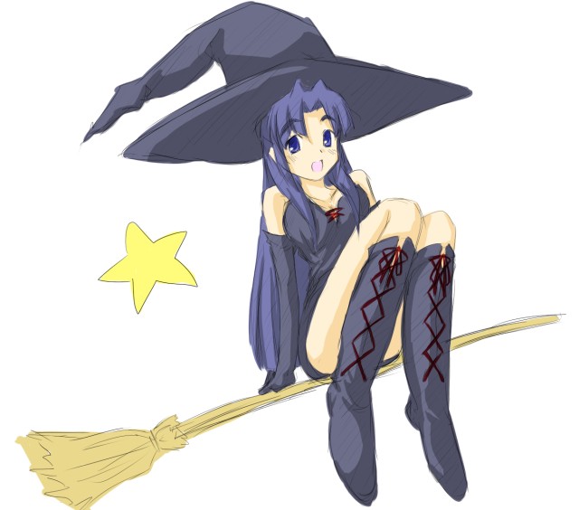 yukimura13, asakura ryoko, suzumiya haruhi no yuuutsu, 00s, 1girl, broom, broom riding, female focus, hat, sidesaddle, simple background, solo, star (symbol), thighhighs, white background, witch, witch hat