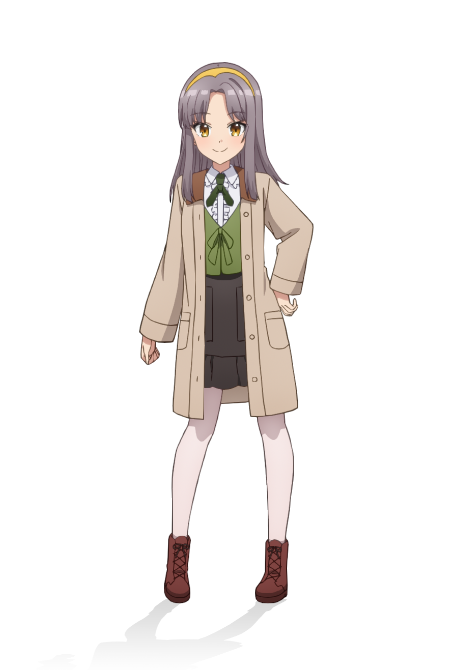 taniguchi motohiro, kujo yuzuha, cue!, highres, official art, 1girl, anime coloring, blush, boots, breasts, brown boots, brown coat, brown hair, clenched hand, closed mouth, coat, collared shirt, frilled skirt, frills, full body, green ribbon, green vest, grey hair, grey skirt, hairband, hand on own hip, long hair, long sleeves, looking at viewer, open clothes, open coat, pantyhose, parted bangs, ribbon, shirt, sidelocks, simple background, skirt, small breasts, smile, solo, standing, tachi-e, transparent background, tsurime, vest, white pantyhose, white shirt, yellow hairband