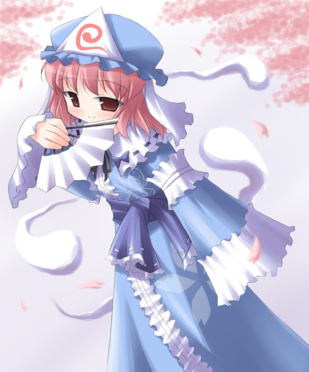 kagura yuuki, saigyouji yuyuko, touhou, 1girl, cowboy shot, female focus, floating, folding fan, frills, ghost, hand fan, hat, hitodama, holding, japanese clothes, long sleeves, mob cap, pink eyes, pink hair, short hair, sleeves rolled up, solo, triangular headpiece, wide sleeves