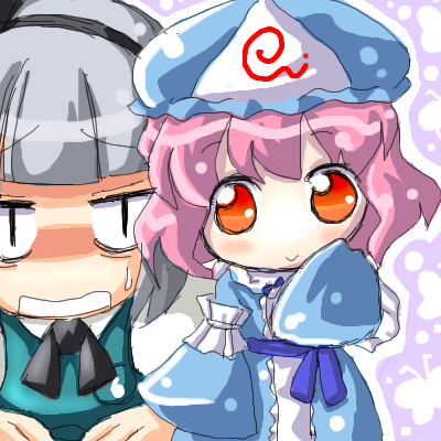 konpaku youmu, saigyouji yuyuko, touhou, lowres, 2girls, chibi, dress, female focus, hat, japanese clothes, mob cap, multiple girls