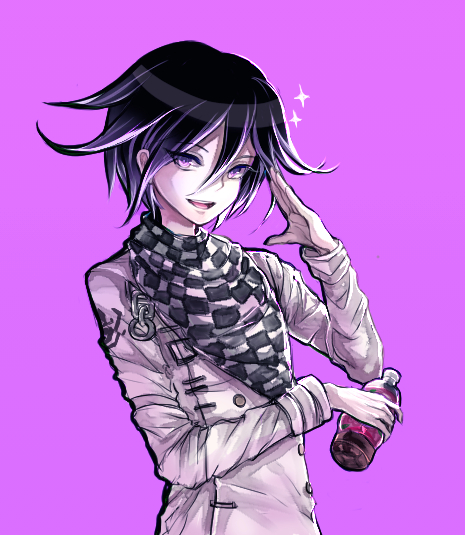 vibiki, oma kokichi, danganronpa (series), danganronpa v3: killing harmony, commentary request, partial commentary, 1boy, black hair, bottle, buttons, checkered clothes, checkered scarf, flipped hair, hair between eyes, hand up, holding, holding bottle, long sleeves, looking at viewer, male focus, open mouth, purple background, purple eyes, purple hair, scarf, short hair, simple background, smile, solo, sparkle, two-tone scarf, upper body