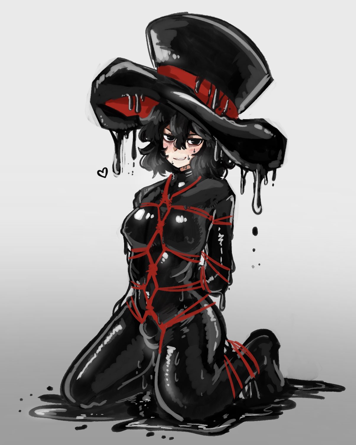 gzpxllztt, enraku tsubakura, len'en, highres, tagme, arms behind back, bdsm, black eyes, black hair, blush, bodysuit, bondage, bound, bulge, covered erect nipples, hat, heart, large hat, latex, latex bodysuit, restrained, shibari, skin tight, slime (substance)
