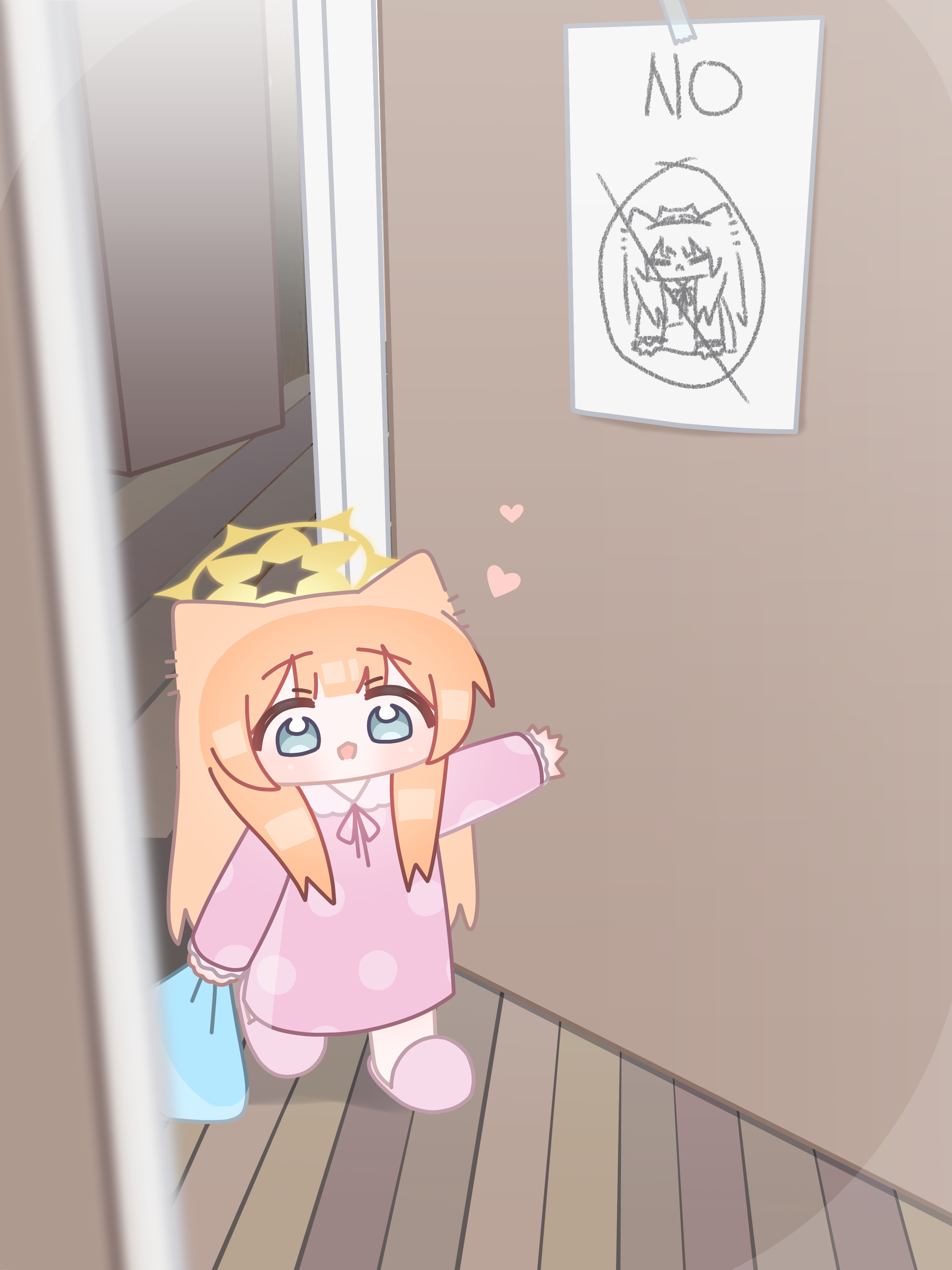 horuhara, mari (blue archive), blue archive, absurdres, highres, 1girl, blunt bangs, blush, chibi, halo, heart, holding, indoors, long hair, long sleeves, neck ribbon, no nose, open door, open mouth, orange hair, pajamas, pink pajamas, pink slippers, polka dot, polka dot pajamas, ribbon, sleeves past wrists, slippers, solo, standing, standing on one leg, tape, wooden floor, yellow halo