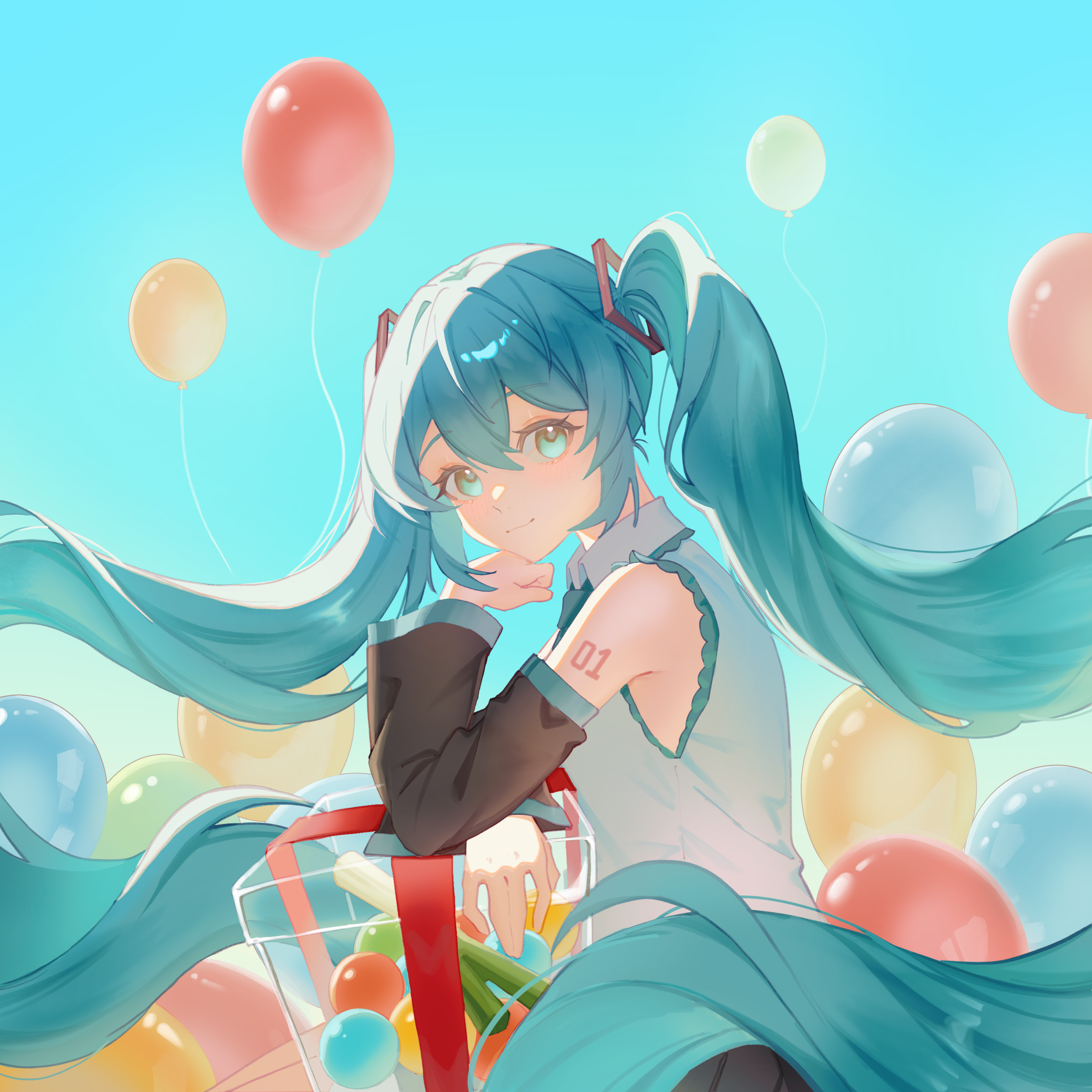 lazy boneowo, hatsune miku, vocaloid, absurdres, highres, 1girl, aqua eyes, aqua hair, aqua necktie, aqua trim, arm tattoo, balloon, black skirt, closed mouth, collared shirt, detached sleeves, hair between eyes, hair ornament, long hair, long sleeves, looking at viewer, necktie, number tattoo, pleated skirt, shirt, skirt, sleeveless, sleeveless shirt, smile, spring onion, tattoo, twintails, very long hair, white shirt
