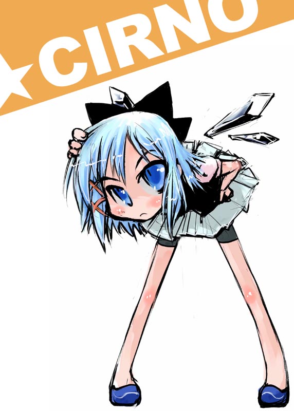 tao, tao (kadoya), cirno, touhou, 1girl, blue hair, blue shoes, bow, female focus, shoes, solo