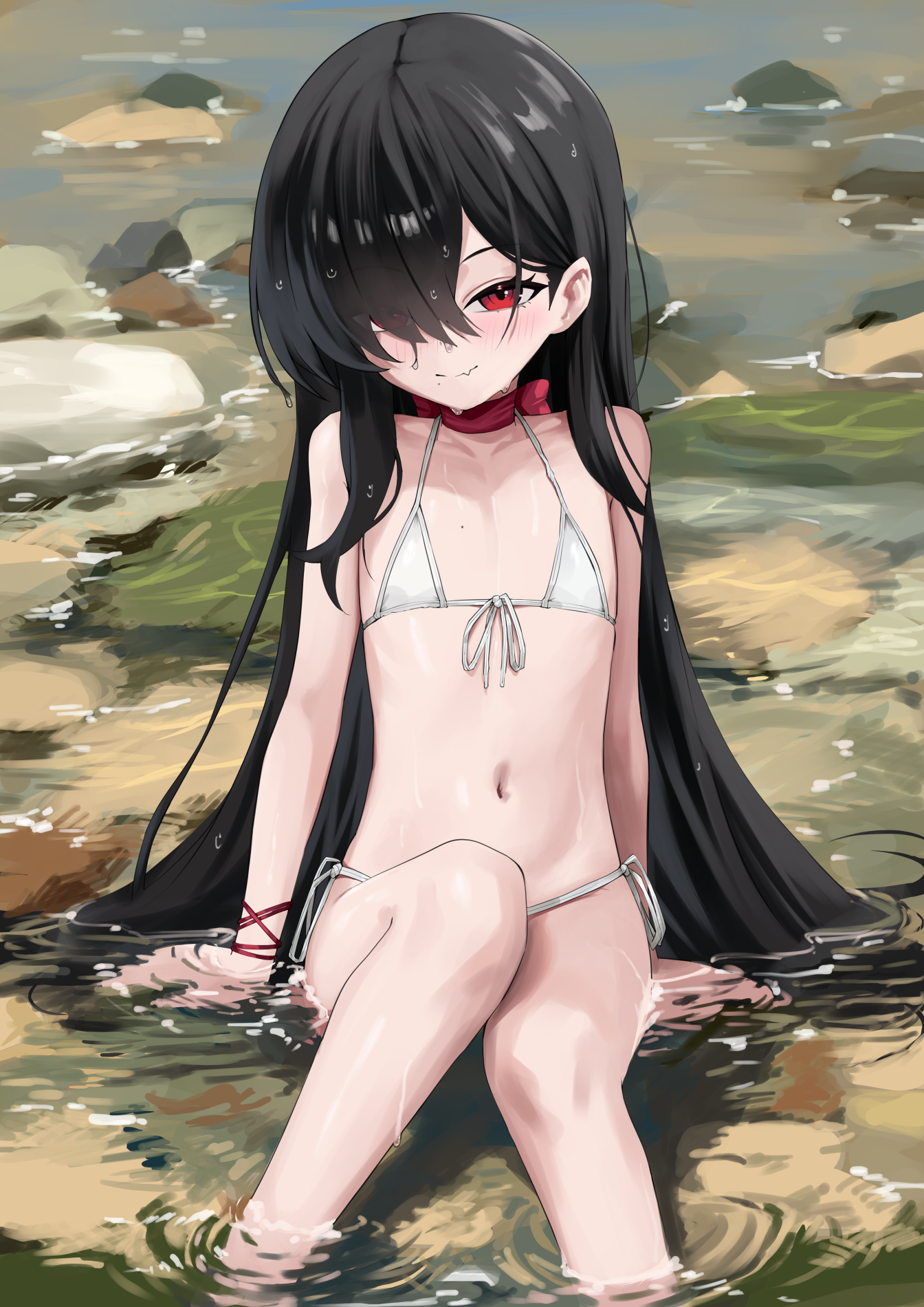 honashi, original, highres, 1girl, bikini, black hair, flat chest, hair over one eye, ichinose kuna (honashi), long hair, navel, red eyes, side-tie bikini bottom, sitting, smile, solo, swimsuit, water, white bikini