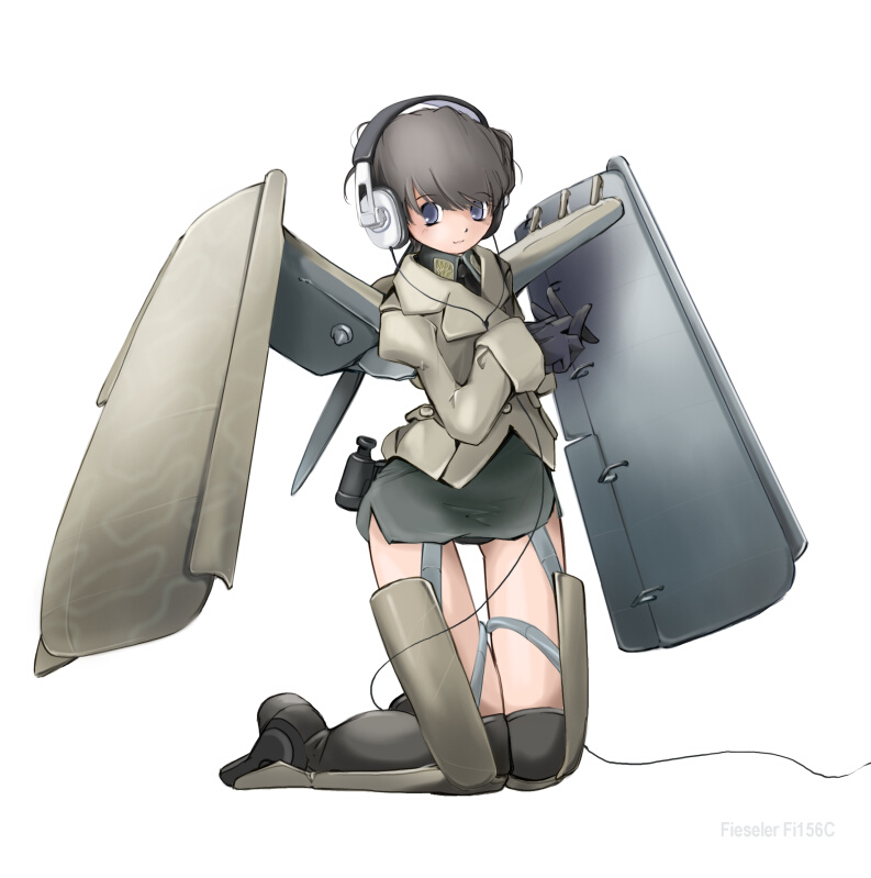 nano (nanosize), fi 156, original, 1girl, aircraft, airplane, binoculars, brown hair, female focus, grey eyes, headphones, jacket, kneehighs, mecha musume, military, short hair, socks, solo, world war ii