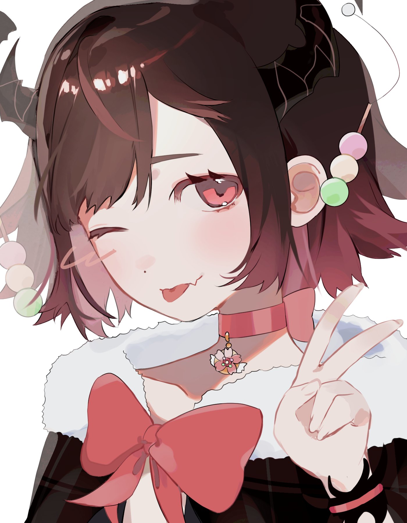 indie virtual youtuber, commentary, highres, 1girl, ;p, black horns, bow, brown hair, choker, dango hair ornament, dot nose, fang, food-themed hair ornament, fraiki (vtuber), fur trim, gradient hair, hair ornament, horns, multicolored hair, one eye closed, pink bow, pink choker, pink eyes, pink hair, portrait, short hair, simple background, skin fang, solo, tongue, tongue out, v, virtual youtuber, white background, yub1q
