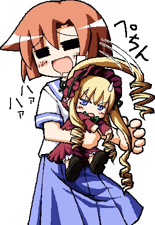 ryuuguu rena, shinku, higurashi no naku koro ni, niconico rpg, rozen maiden, lowres, 2girls, blonde hair, blue eyes, blush, brown hair, crossover, dress, drill hair, drooling, hairband, multiple girls, parody, prehensile hair, school uniform, serafuku, sweatdrop, take it home, twintails