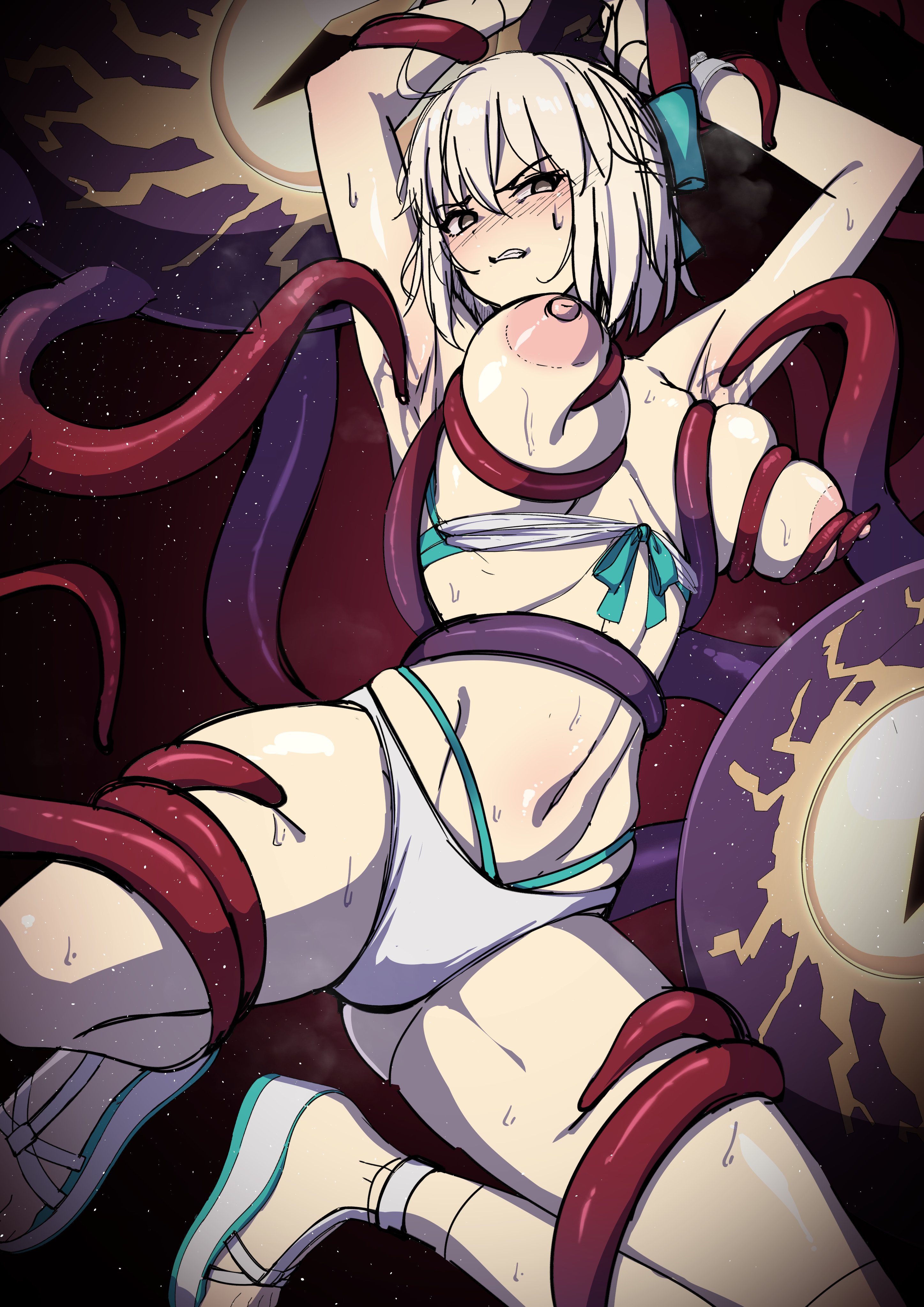 kawaruhi, okita j. souji (fate), okita j. souji (third ascension) (fate), okita souji (fate), fate/grand order, fate (series), absurdres, highres, 1girl, ahoge, bikini, blonde hair, bow, breasts, navel, nipples, restrained, short hair, sketch, swimsuit, tentacles, white bikini