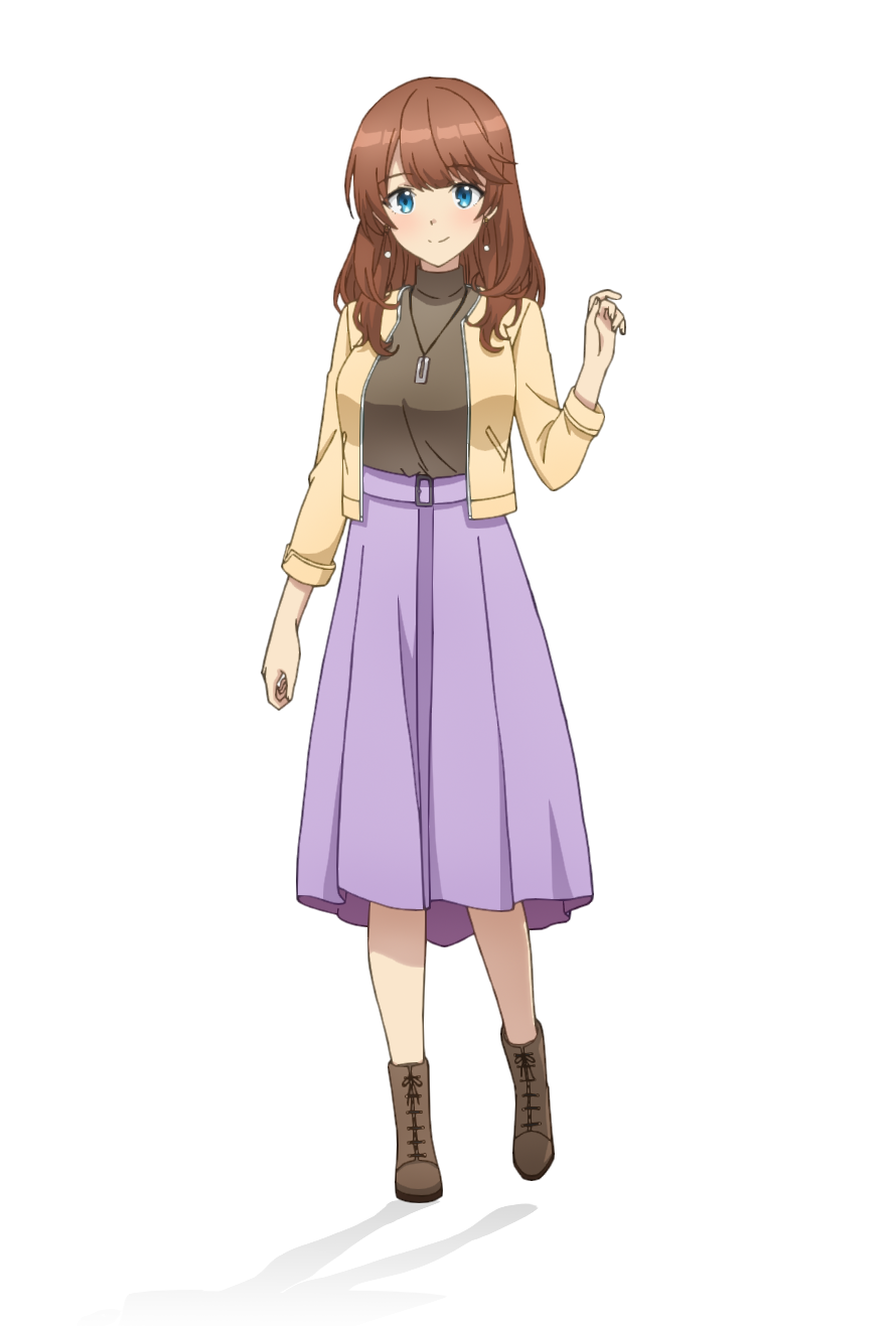 taniguchi motohiro, yomine miharu, cue!, highres, official art, 1girl, anime coloring, blue eyes, blush, boots, breasts, brown boots, brown hair, brown shoes, closed mouth, earrings, full body, hand up, jacket, jewelry, large breasts, long hair, long skirt, long sleeves, looking at viewer, necklace, open clothes, open jacket, purple skirt, shirt, shoes, simple background, skirt, sleeves rolled up, smile, solo, standing, tachi-e, tented shirt, transparent background, turtleneck, turtleneck shirt, yellow jacket