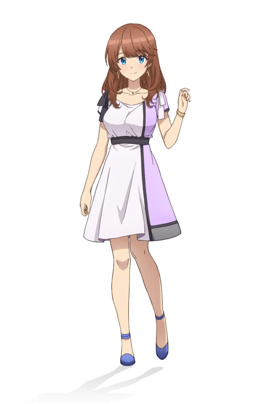 taniguchi motohiro, yomine miharu, cue!, highres, official art, 1girl, anime coloring, black ribbon, black sash, blue eyes, blue shoes, blush, bracelet, breasts, brown hair, closed mouth, collarbone, dress, earrings, flats, full body, hand up, jewelry, large breasts, long hair, looking at viewer, multicolored dress, necklace, ribbon, sash, shoes, short sleeves, simple background, smile, solo, standing, tachi-e, transparent background, white ribbon