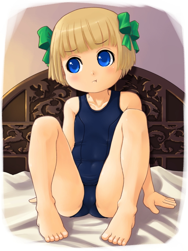 stupa13a, hero's daughter (dq5), dragon quest, dragon quest v, 1girl, :t, barefoot, bed, blonde hair, blue eyes, feet, female focus, loli, one-piece swimsuit, pout, ribbon, school swimsuit, solo, spread legs, swimsuit, toes