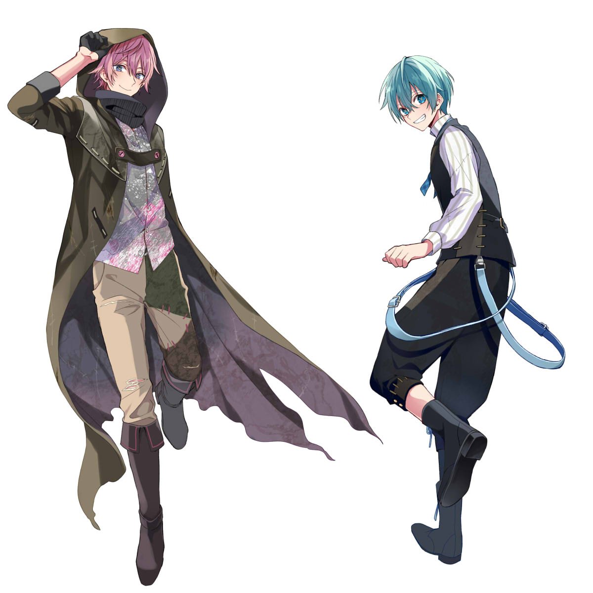 teito (0w0kuma), colon (stpri), satomi (stpri), strawberry prince, highres, official art, 2boys, adjusting clothes, adjusting hood, belt, black boots, black gloves, black pants, black scarf, black vest, blue belt, blue eyes, blue hair, blue necktie, boots, brown boots, brown pants, closed mouth, coat, dress shirt, fold-over boots, full body, gloves, green coat, green pants, grey shirt, grin, hair between eyes, half gloves, hood, hood up, hooded coat, lace-up boots, light blush, long sleeves, looking at viewer, looking back, male focus, multiple boys, necktie, open clothes, open coat, pants, pink hair, puffy pants, purple coat, purple eyes, scarf, shirt, short hair, side-by-side, simple background, smile, standing, standing on one leg, stitched pants, striped clothes, striped shirt, sweater guard, symbol-shaped pupils, three-quarter sleeves, two-sided coat, two-sided fabric, utaite, vertical-striped clothes, vertical-striped shirt, vest, white background, white hair, x-shaped pupils