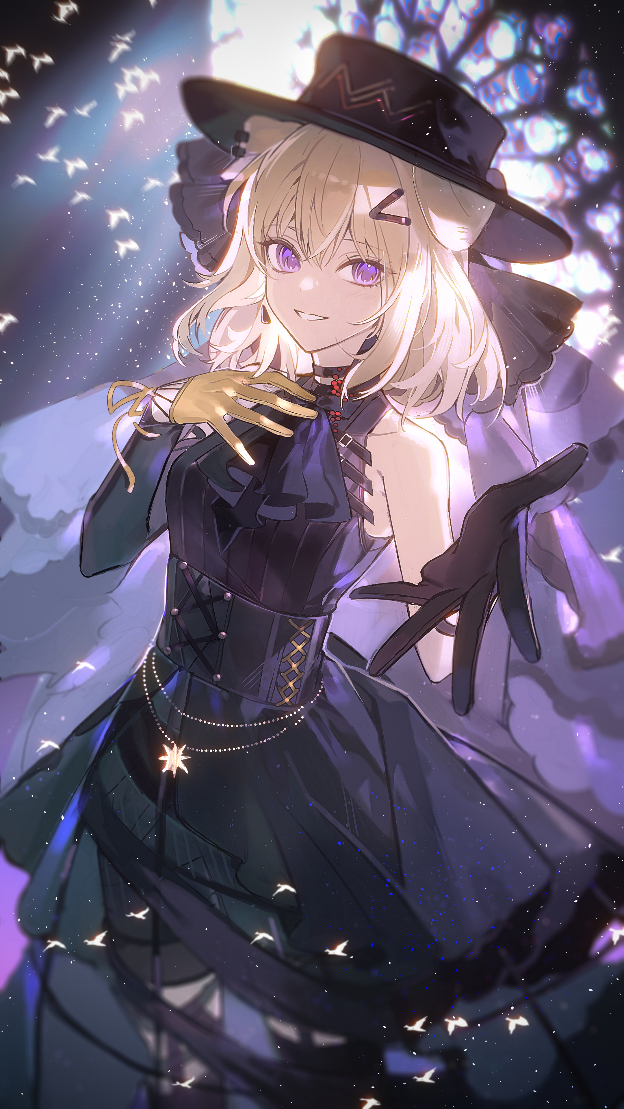 misumi uika, arknights, bang dream!, bang dream! it's mygo!!!!!, absurdres, highres, 1girl, animal ears, aquaregia (you ge), ascot, asymmetrical gloves, bare shoulders, black ascot, black dress, black gloves, black hat, blonde hair, cowboy shot, dog ears, dog girl, dress, gloves, hair between eyes, hair ornament, hairclip, hand on own chest, hands up, hat, kemonomimi mode, light particles, looking at viewer, mismatched gloves, misumi uika (caged singer), offering hand, purple eyes, smile, solo, stained glass, standing, yellow gloves