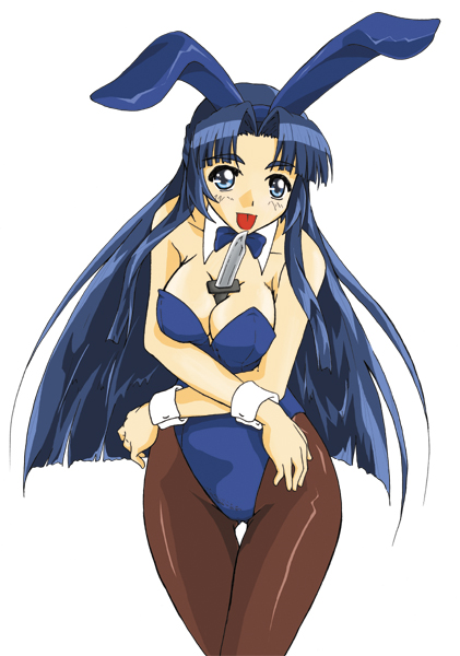 phares, asakura ryoko, suzumiya haruhi no yuuutsu, 00s, 1girl, animal ears, blue bow, blue bowtie, bow, bowtie, breasts, brown pantyhose, cleavage, detached collar, fake animal ears, female focus, half updo, knife, large breasts, leotard, pantyhose, playboy bunny, rabbit, rabbit ears, solo, thighs