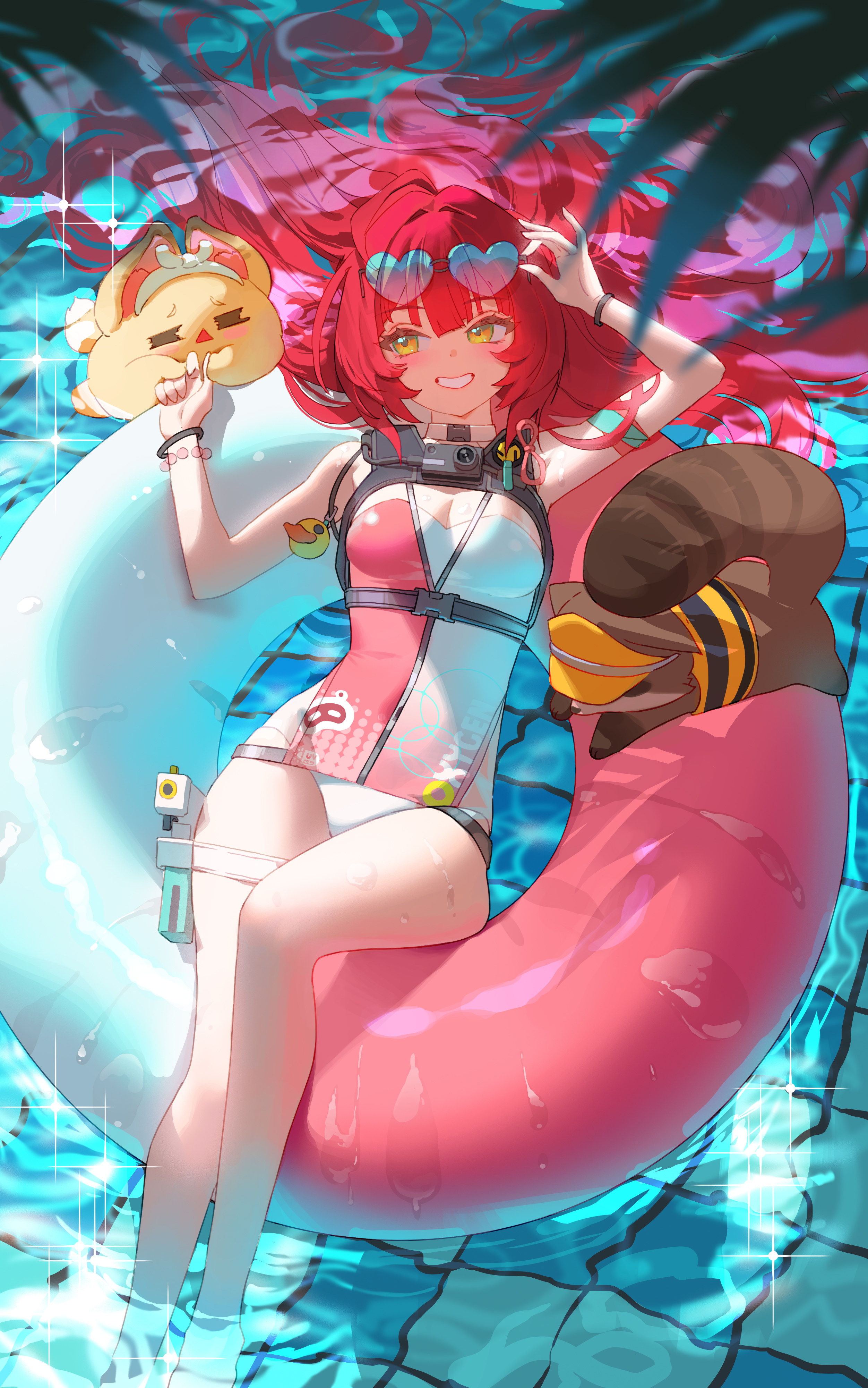wonbin lee, alice thymefield, kamanosuke (zenless zone zero), ukinami yuzuha, ukinami yuzuha (tanuki in broad daylight), zenless zone zero, absurdres, commentary, english commentary, highres, 2girls, animalization, bikini top under shirt, blurry, blush, braid, breasts, depth of field, dress swimsuit, green eyes, grin, hair intakes, hair ornament, hair spread out, heart, heart-shaped eyewear, legs, medium breasts, multicolored innertube, multiple girls, official alternate costume, one-piece swimsuit, pink innertube, red hair, smile, swimsuit, tanuki, thighs, tile floor, tiles, triangle mouth, water, wet, white innertube, white one-piece swimsuit