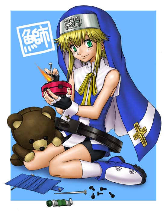 bridget (guilty gear), roger (guilty gear), arc system works, guilty gear, guilty gear xx, 1boy, bare shoulders, blonde hair, blue background, border, child, full body, green eyes, kneeling, logo, long hair, machinery, male focus, outside border, screw, screwdriver, simple background, sitting, solo, stuffed animal, stuffed toy, teddy bear, trap, veil, wariza, white border, worktool