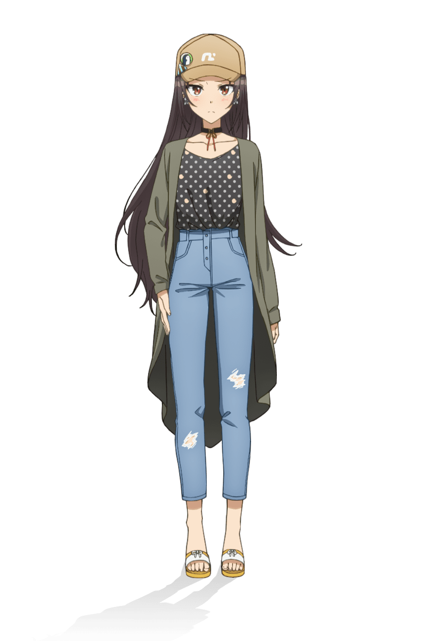 taniguchi motohiro, kamuro aya, cue!, highres, official art, 1girl, anime coloring, baseball cap, black choker, blue pants, blush, breasts, brown eyes, brown hair, brown hat, choker, clenched hand, closed mouth, coat, collarbone, denim, full body, green coat, hat, jeans, long hair, long sleeves, looking at viewer, medium breasts, open clothes, open coat, open hand, pants, polka dot, polka dot shirt, sandals, shirt, simple background, solo, standing, straight hair, tachi-e, torn clothes, torn jeans, torn pants, transparent background, tsurime, very long hair, yellow sandals