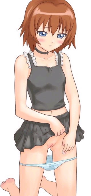 rosetta passel, kaleido star, 00s, 1girl, bare shoulders, barefoot, blush, brown hair, cleft of venus, clothes lift, female focus, female masturbation, grey eyes, kneeling, masturbation, midriff, navel, panties, panty pull, pussy, simple background, skirt, skirt lift, solo, underwear, white background