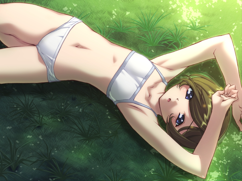 ino (magloid), kurasawa tamaki, izayoi no hanayome, game cg, 1girl, armpits, arms up, blue eyes, bra, brown hair, female focus, flat chest, grass, lingerie, lying, navel, on back, open mouth, outdoors, panties, short hair, solo, sports bra, training bra, underwear, underwear only, white bra, white panties