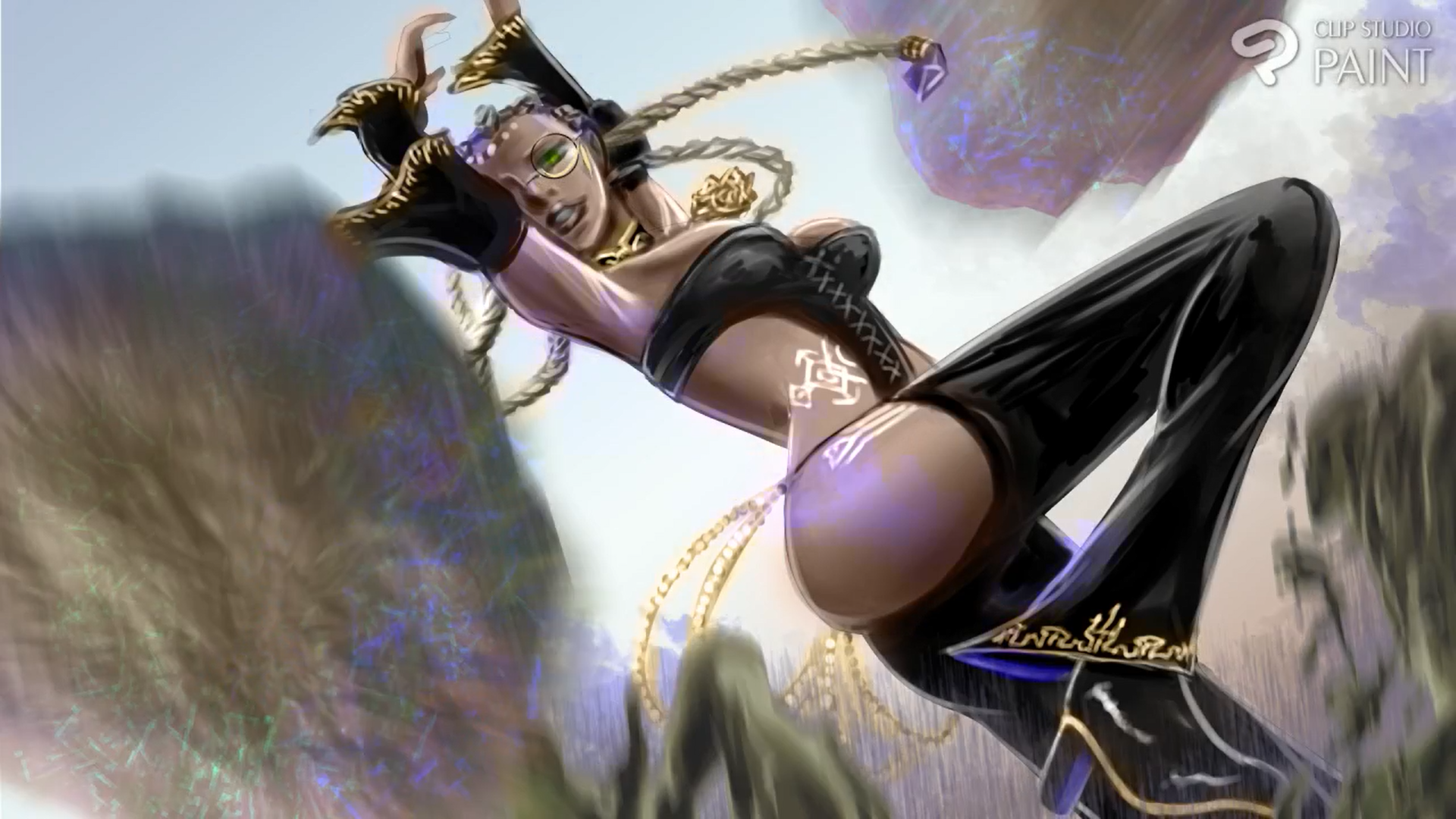 abkc94, dolores (kof), the king of fighters, 1girl, ass, bodypaint, braid, braided ponytail, breasts, curvy, dark-skinned female, dark skin, dress, female focus, glasses, gold, green eyes, hands up, heel up, jewelry, large breasts, leg up, long hair, long sleeves, looking at viewer, magic, round eyewear, thick lips, thick thighs, thighs, white hair