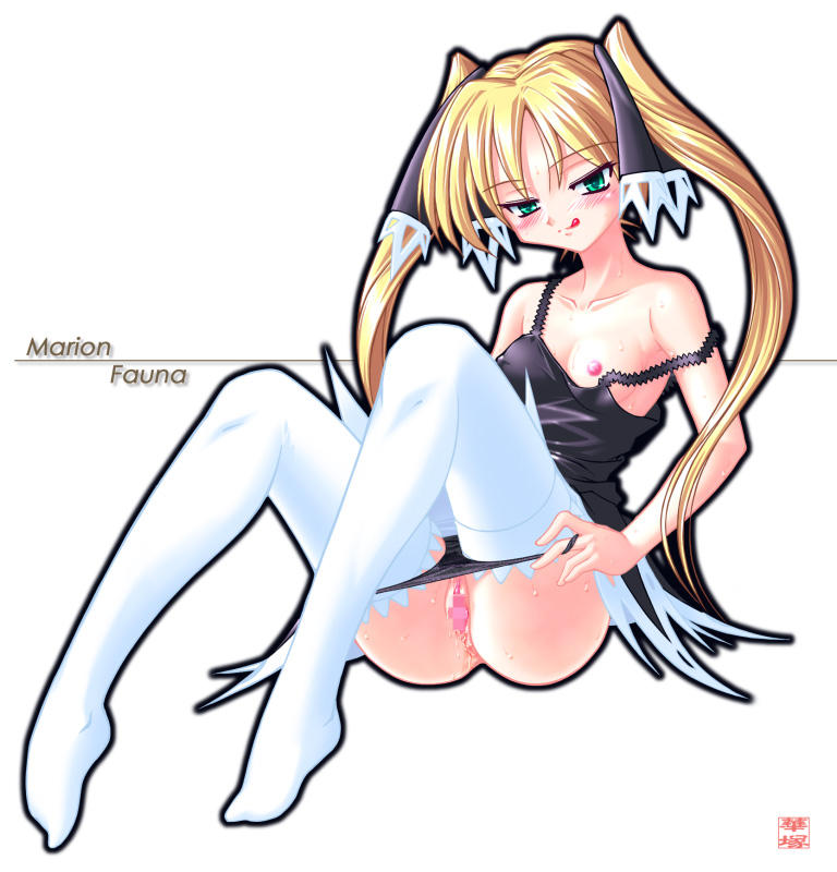 hanazuka ryouji, marion phauna, shaman king, toe-point, 1girl, :q, ass, black panties, blonde hair, blush, breasts, censored, covered erect nipples, female focus, green eyes, long hair, mosaic censoring, nipple slip, nipples, no bra, panties, panty pull, pussy, pussy juice, sitting, small breasts, smile, solo, strap slip, sweat, thighhighs, tongue, tongue out, twintails, underwear, white thighhighs