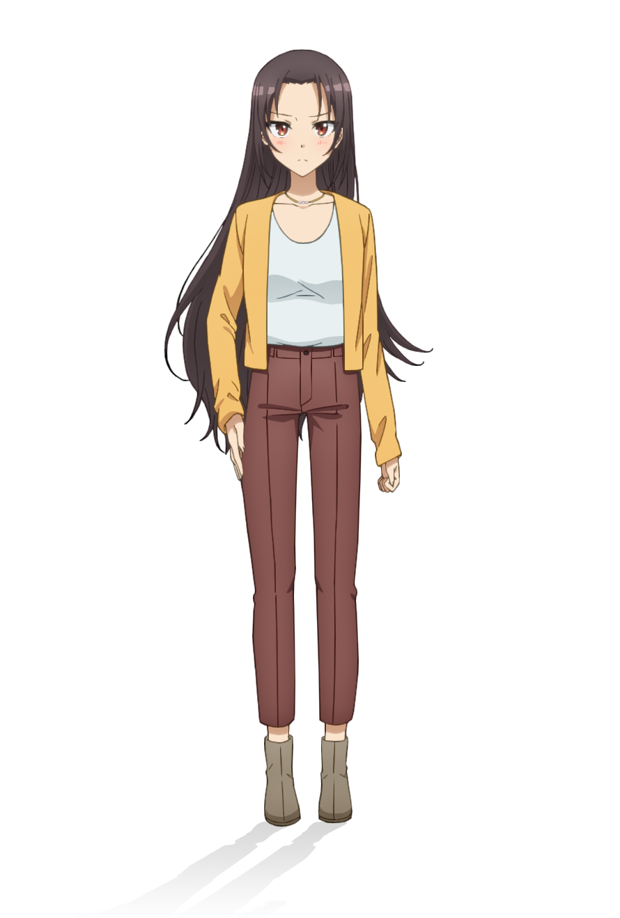 taniguchi motohiro, kamuro aya, cue!, highres, official art, 1girl, anime coloring, blush, boots, breasts, brown eyes, brown hair, brown pants, clenched hand, closed mouth, collarbone, full body, grey boots, jacket, long hair, long sleeves, looking at viewer, medium breasts, open hand, pants, parted bangs, shirt, simple background, solo, standing, straight hair, tachi-e, transparent background, tsurime, very long hair, white shirt, yellow jacket