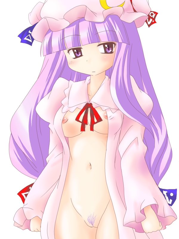 dotekabocha, patchouli knowledge, touhou, 1girl, breasts, colored pubic hair, female focus, female pubic hair, hat, long hair, naked robe, no panties, open clothes, open shirt, pubic hair, purple hair, ribbon, robe, shirt, small breasts, solo