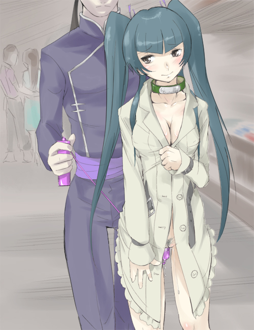 fever-san, hong long, wang liu mei, gundam, gundam 00, 00s, 1boy, 1girl, blush, bottomless, breasts, brother and sister, changpao, chinese clothes, cleavage, closed mouth, coat, collar, covered erect nipples, female focus, female pubic hair, hetero, incest, medium breasts, naked coat, no bra, no panties, object insertion, open clothes, pubic hair, public indecency, public vibrator, pussy, pussy juice, sex toy, siblings, smile, standing, twintails, uncensored, vaginal, vaginal object insertion, vibrator, wet