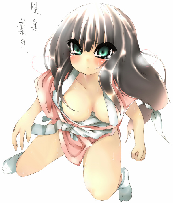asano shimon, 1girl, breasts, cleavage, female focus, green eyes, large breasts, solo, tabi, tears
