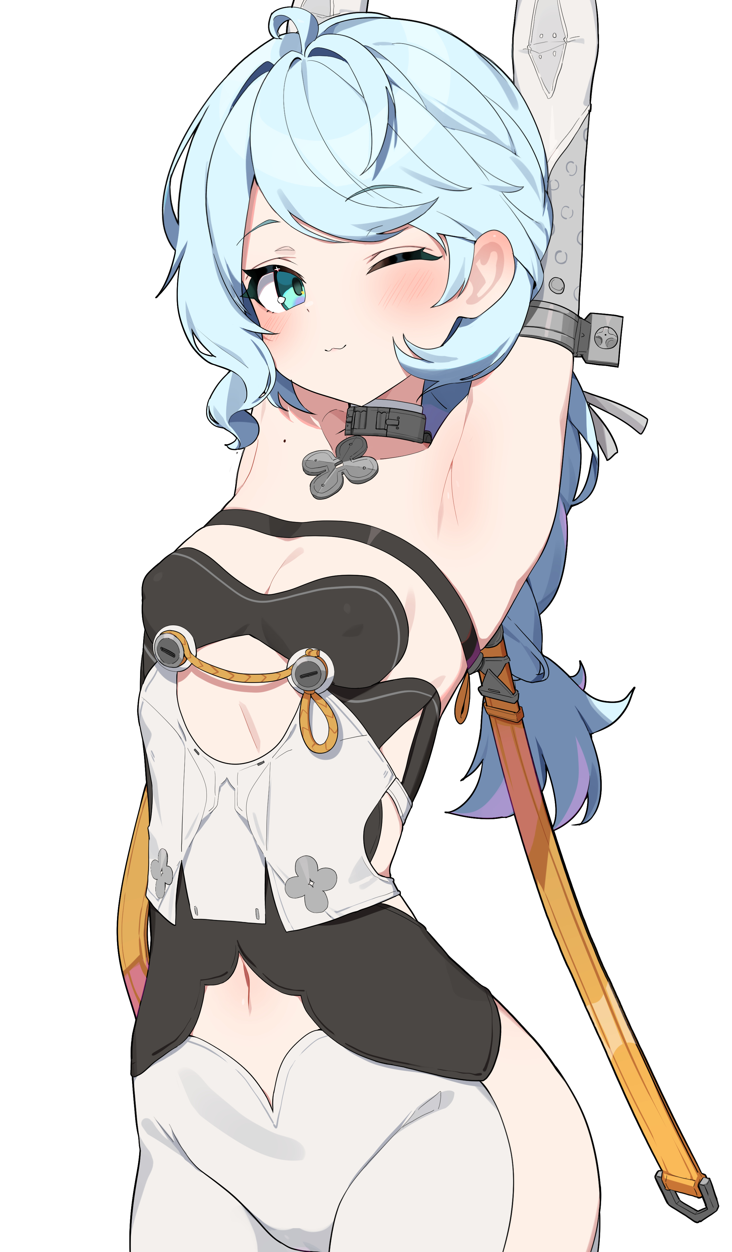 w.k, seed (zenless zone zero), zenless zone zero, absurdres, highres, 1girl, ;), armpits, arms up, bare shoulders, blue eyes, blue hair, breasts, cleavage, closed mouth, long hair, looking at viewer, medium breasts, mole, mole on shoulder, navel, one eye closed, simple background, smile, solo, white background