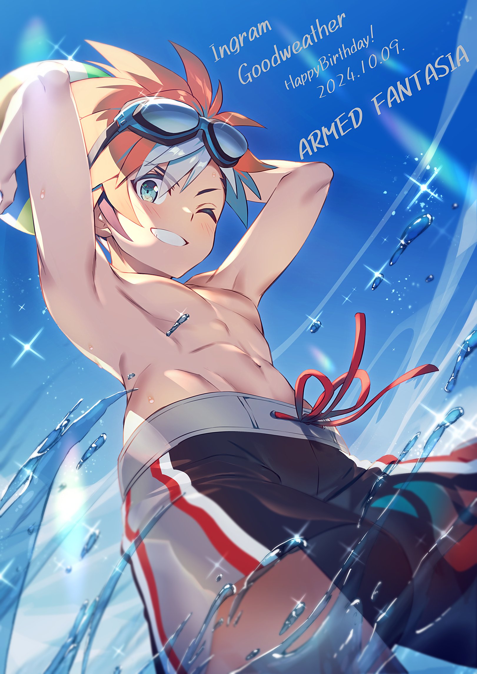 yuki (yuki2061), armed fantasia, commentary, highres, 1boy, armpits, arms up, ball, beach volleyball, black male swimwear, blue sky, character name, copyright name, dated, dutch angle, goggles, goggles on head, grey streaks, grin, happy birthday, holding, holding ball, ingram goodweather, looking at viewer, male focus, male swimwear, multicolored hair, one eye closed, orange hair, pectorals, short hair, sky, smile, solo, sparkle, splashing, streaked hair, swim goggles, swim trunks, toned, toned male, topless male
