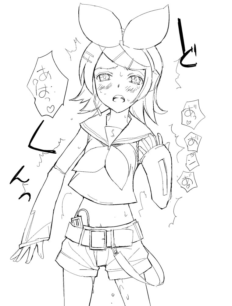 a1 (initial-g), kagamine rin, vocaloid, translation request, 1girl, detached sleeves, discreet vibrator, female focus, female masturbation, greyscale, masturbation, monochrome, pussy juice, sex toy, solo, vibrator