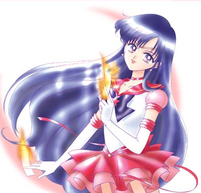 takeuchi naoko, hino rei, sailor mars, super sailor mars (stars), bishoujo senshi sailor moon, bishoujo senshi sailor moon stars, pretty guardian sailor moon, lowres, official art, 1990s (style), 1girl, bow, brooch, choker, cowboy shot, crescent moon, earrings, female focus, fire, gloves, jewelry, leotard, long hair, looking at viewer, magical girl, miniskirt, moon, ofuda, pleated skirt, purple eyes, purple hair, red skirt, retro artstyle, ribbon, sailor collar, skirt, smile, solo, star brooch, tiara, very long hair, white gloves